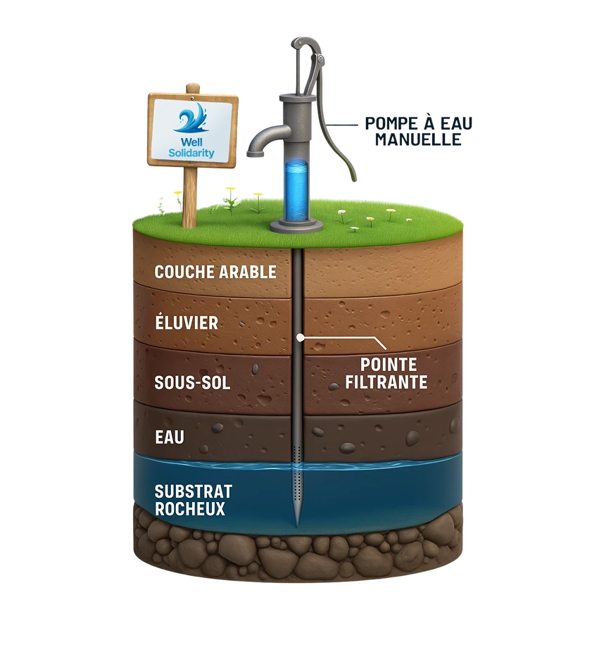 Schéma d'une pompe manuelle de puits.