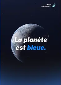 Terre avec texte 'La planète est bleue'.