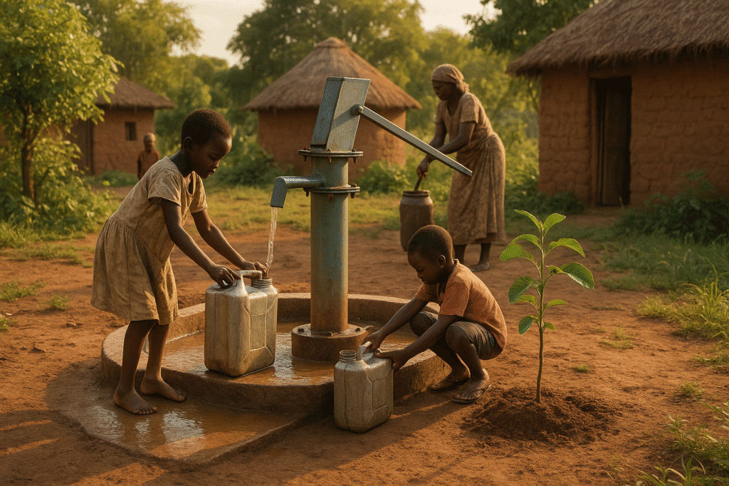 Enfants remplissent des bidons d'eau à une pompe.