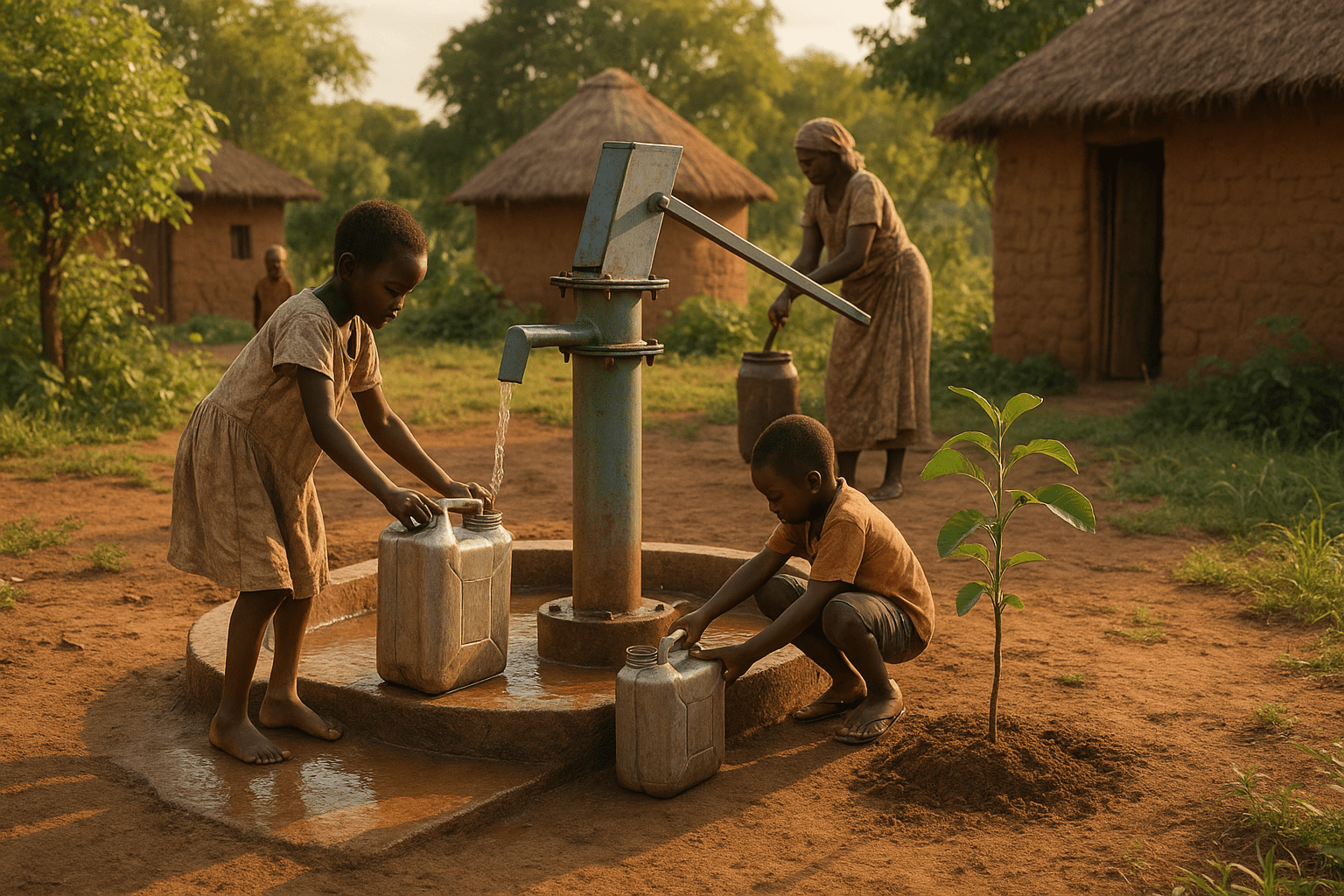 Enfants remplissent des bidons d'eau à une pompe.