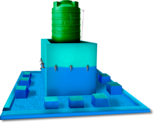 Installation murale avec robinets bleus, réservoir vert.