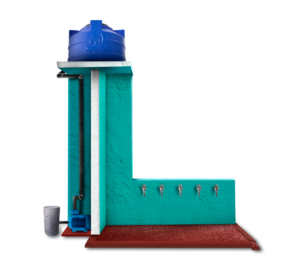 Schéma de fontaine avec réservoir et tuyaux apparents.