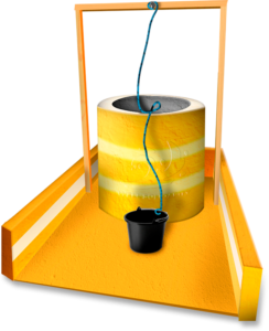 Rouleau papier toilette avec seau suspendu sur corde.