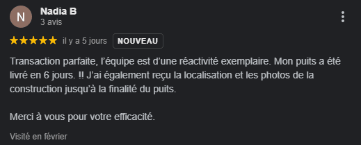 Avis positif sur une livraison rapide de puits.