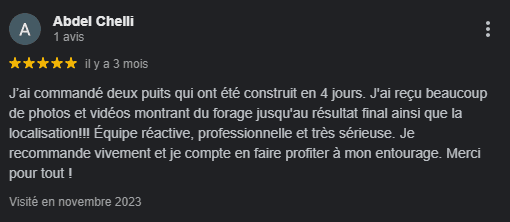 Avis positif sur un service de construction de puits.