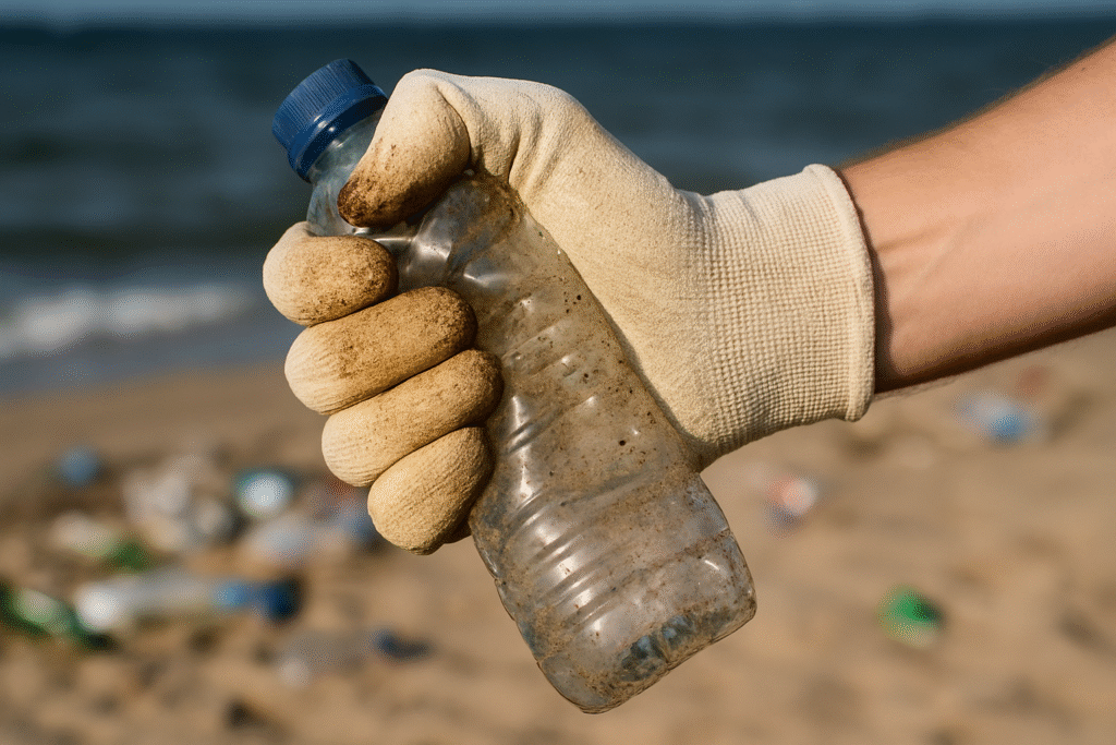 Gant tenant une bouteille en plastique sur plage