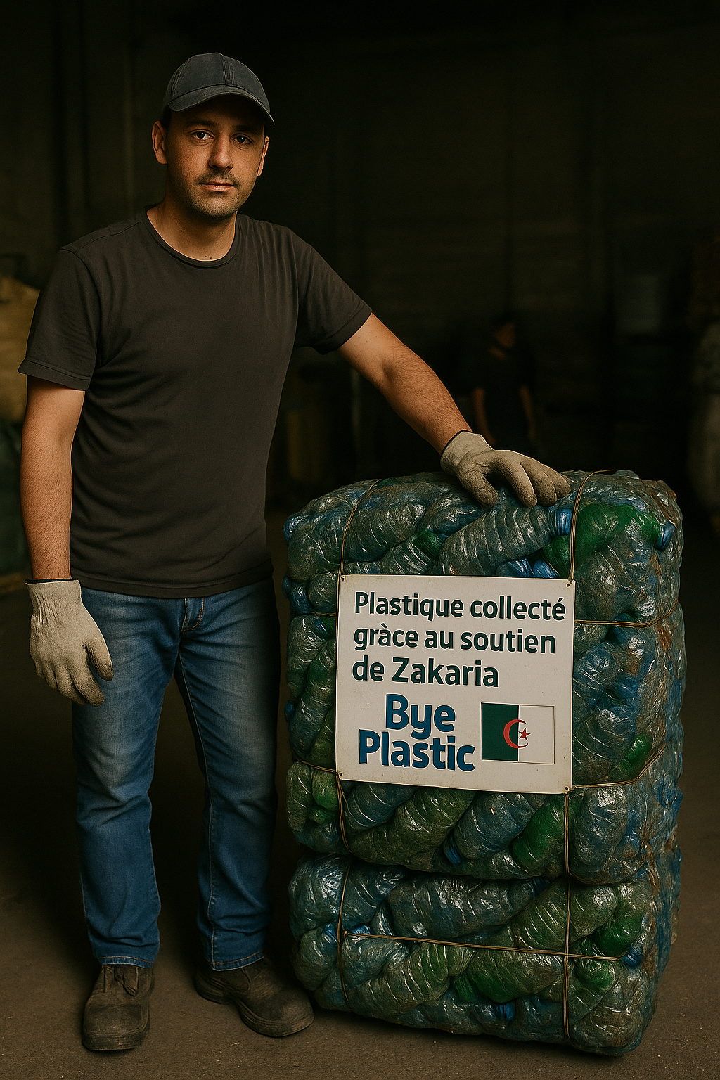 Homme avec balles de plastique recyclé, Bye Plastic.