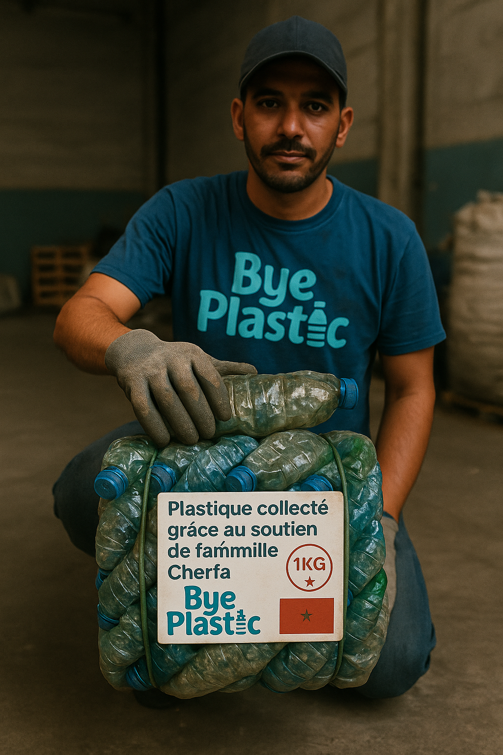 Homme tenant des bouteilles en plastique recyclées.