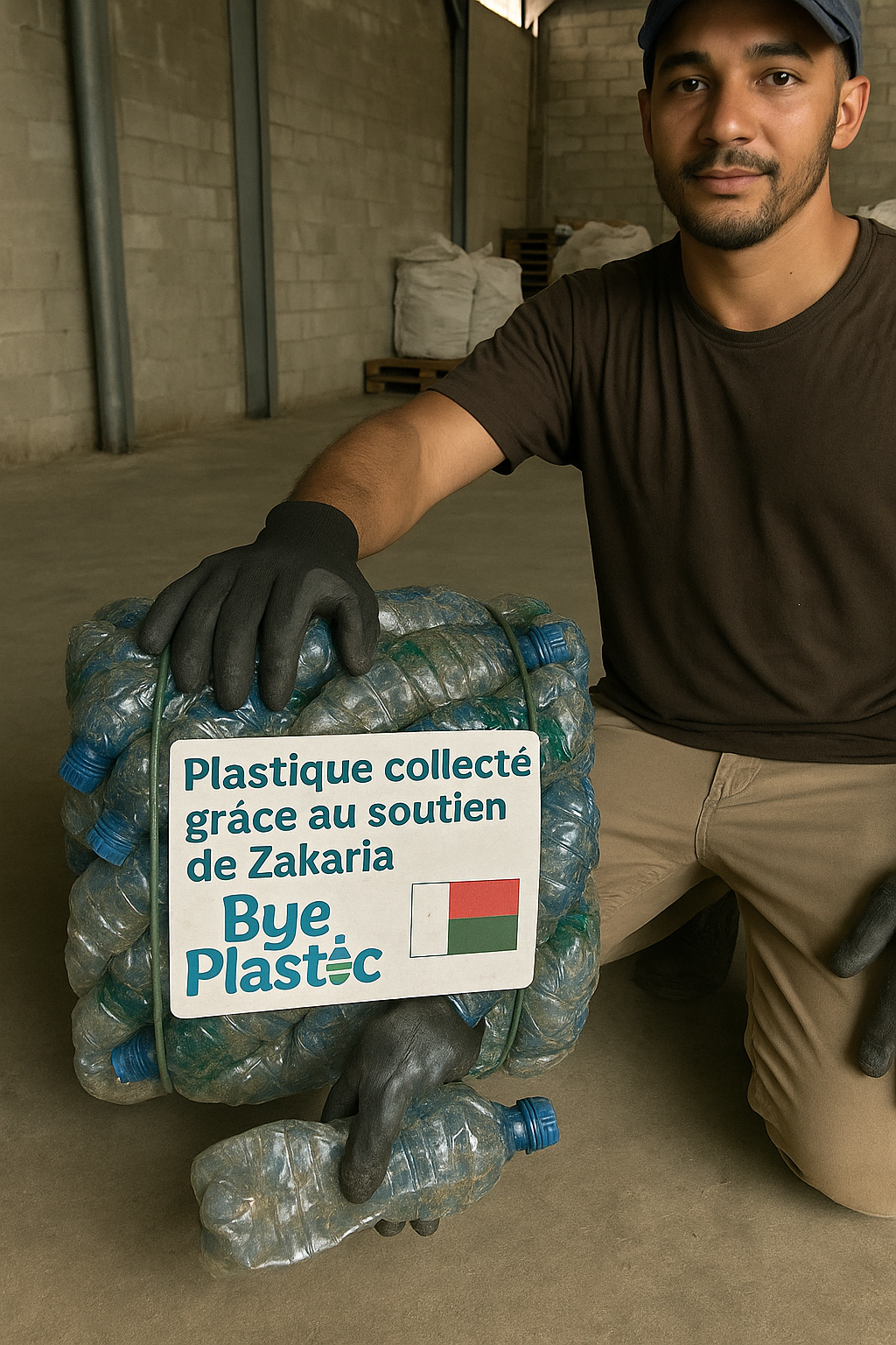 Homme tenant plastique collecté emballé.