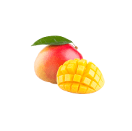 Mangue entière et découpée avec feuille verte.