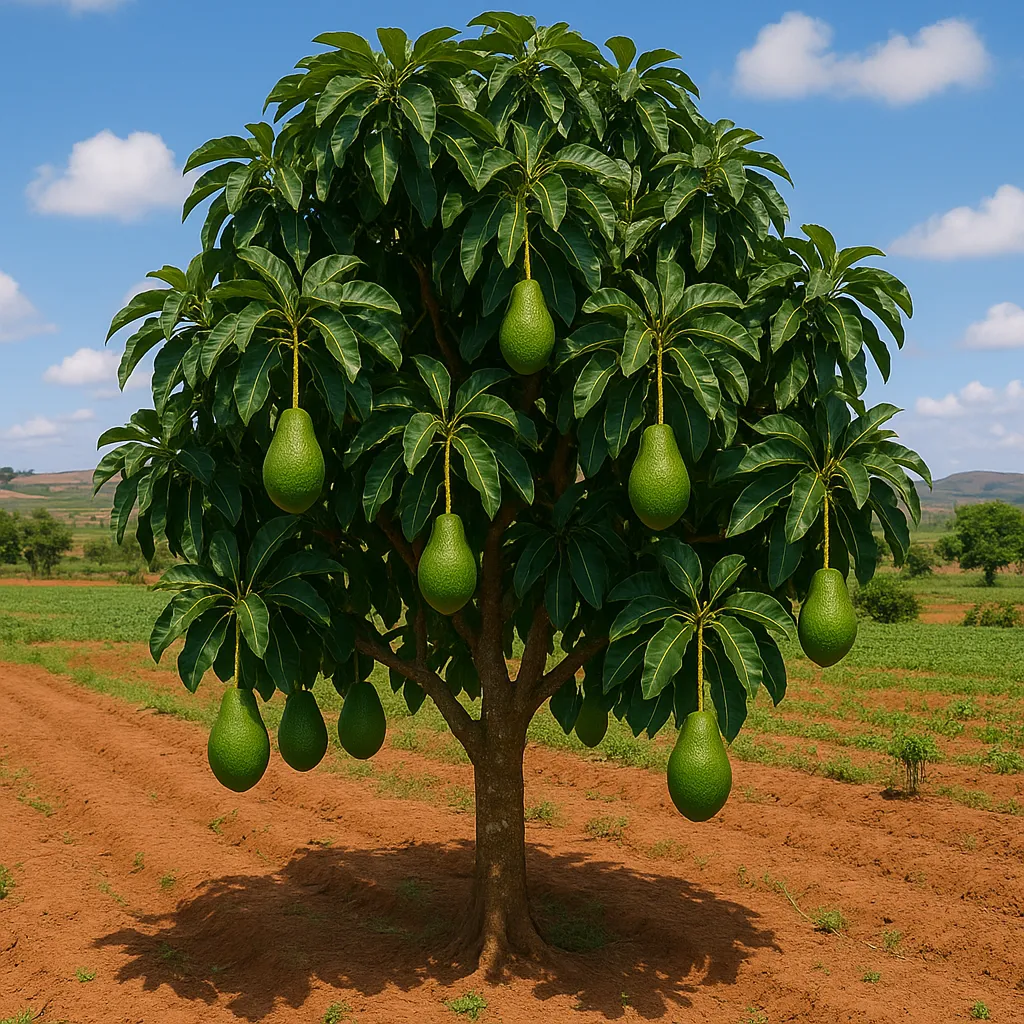 Arbre d'avocat avec fruits mûrs dans champ.