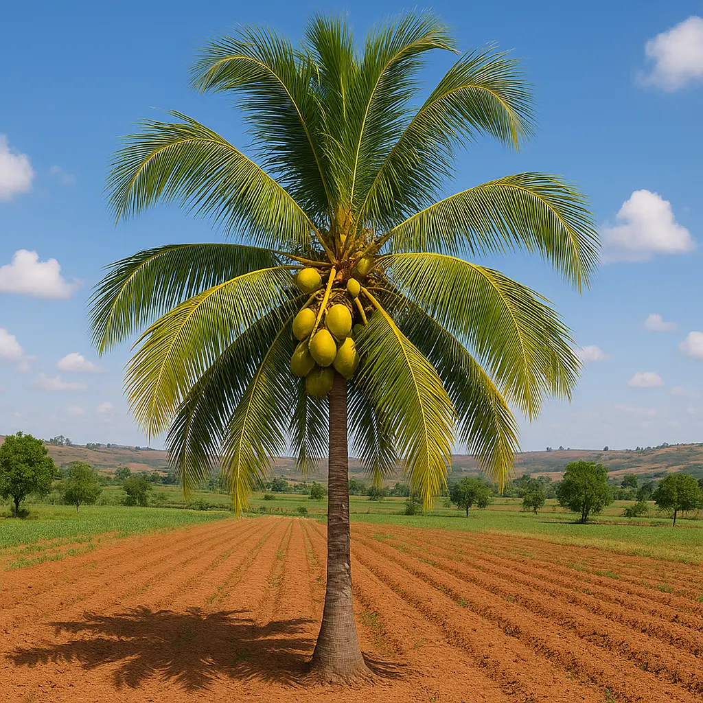 Palmier avec noix, champ en arrière-plan.