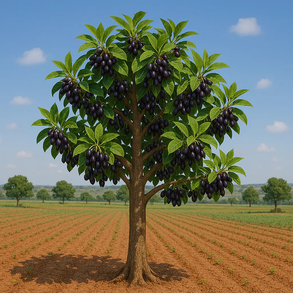 Arbre avec fruits noirs dans un champ.