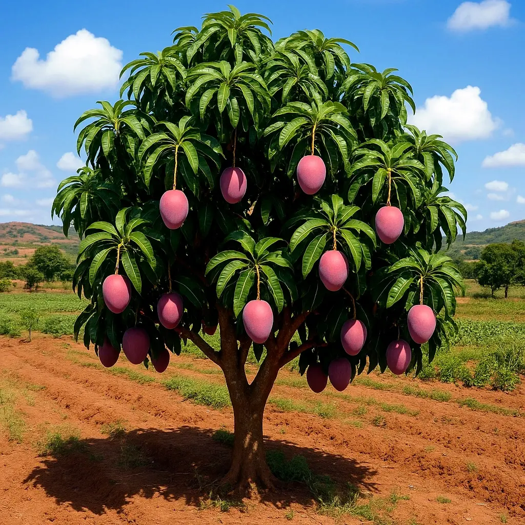 Arbre de mangues dans un champ sous ciel bleu.