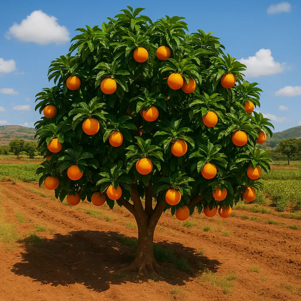 Oranger plein de fruits dans un champ.