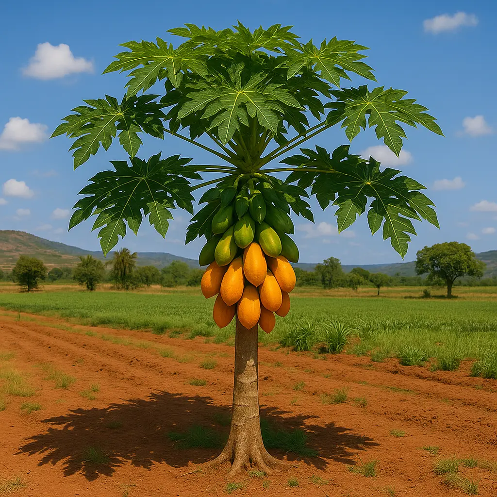 Papayer avec fruits mûrs dans un champ.